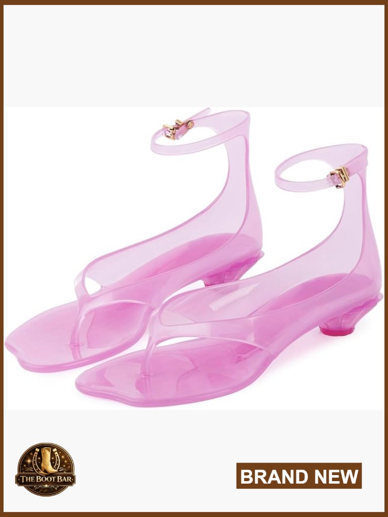 Square Toe Kitten Heel Thong Sandals Adjustable Ankle Strap Clear Pvc Dressy